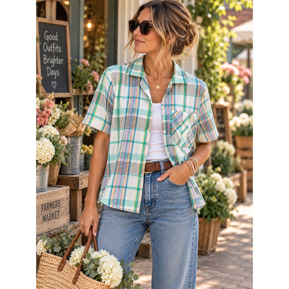 Vintage Carriage Court Sport Plaid Camp Shirt Women M Coastal Preppy Retro